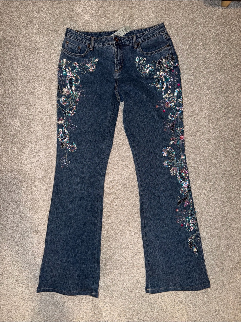 Cache Dark Blue Flare Jeans with Multicolor Sequin Floral Embroidery